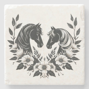 Porta-copo De Pedra Cavalos e Flores do País Negro e Branco