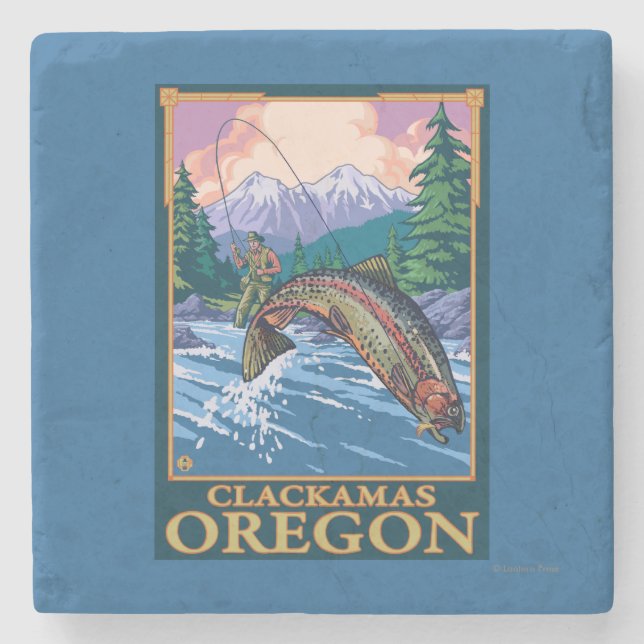 Porta-copo De Pedra Cena da pesca com mosca - Clackamas, Oregon (Frente)
