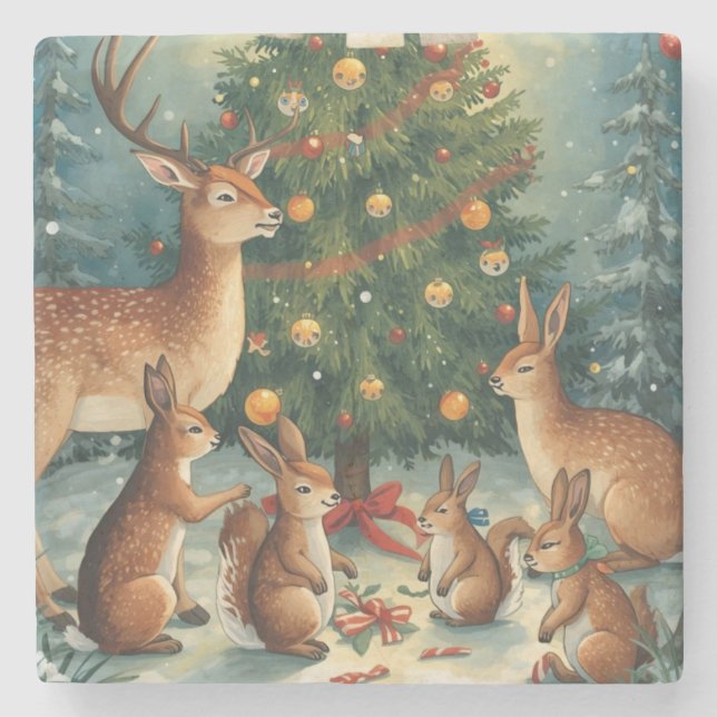 Porta-copo De Pedra Cena de Natal com Animais da Floresta (Frente)