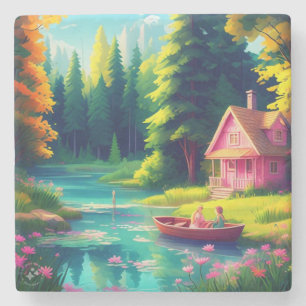 Porta-copo De Pedra Cenário natural com algodão rosa