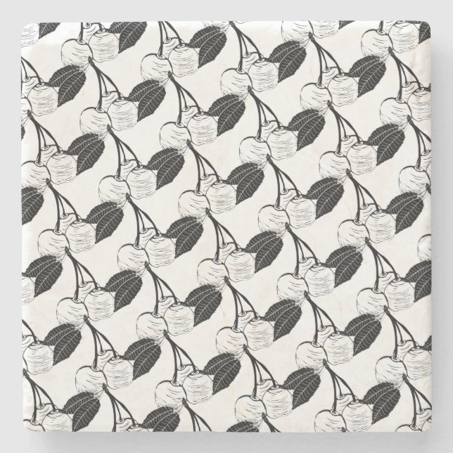 Porta-copo De Pedra Cerejas Pretas e Brancas (Frente)