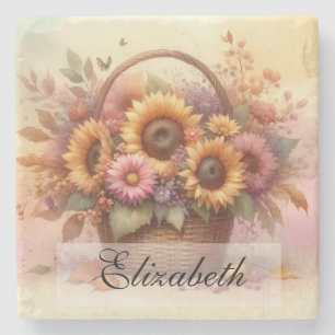 Porta-copo De Pedra Cesto de flores do outono pastel aquarela