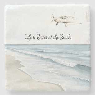 Porta-copo De Pedra Céu Azul Avião Branco Praia Oceano Costa