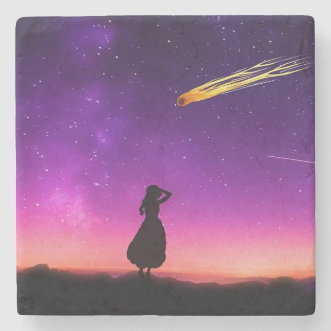 Porta-copo De Pedra Céu roxo com um cometa colidindo com a Terra (Frente)