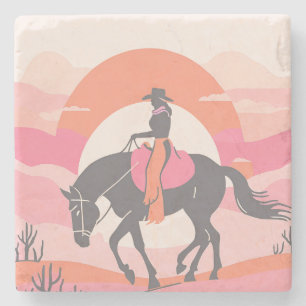 Porta-copo De Pedra Céus do Deserto com Cowgirl Andando seu Cavalo
