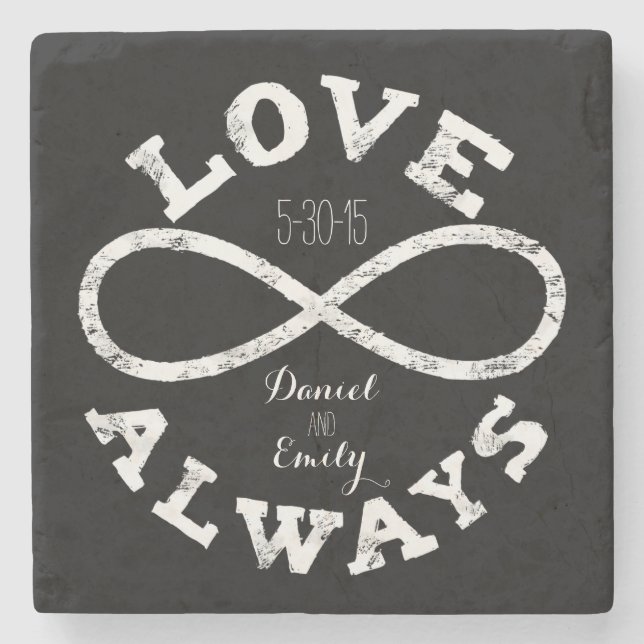 Porta-copo De Pedra Chalkboard Infinity Love Casket Date and Names (Frente)