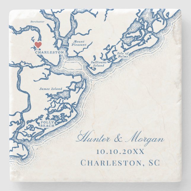 Porta-copo De Pedra Charleston SC Map Elegante Marinho Blue Weding Fav (Frente)