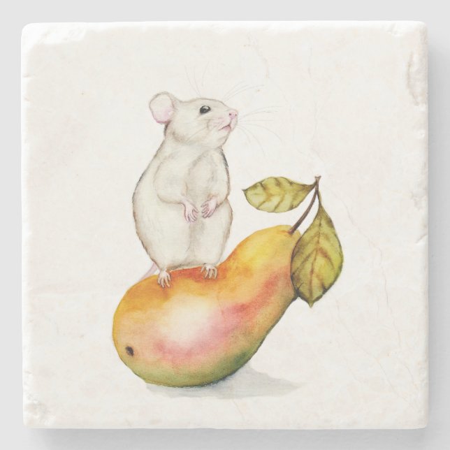 Porta-copo De Pedra Charming Mouse on a Pear (Frente)