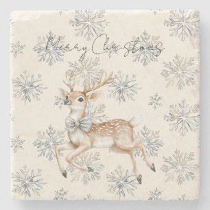 Porta-copo De Pedra Chic Creme Renas de Natal com Arco de Prata