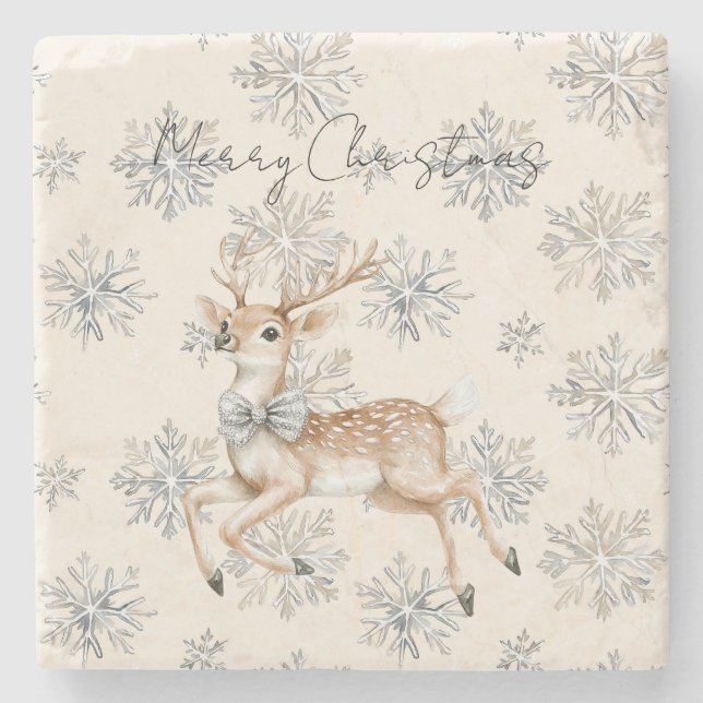 Porta-copo De Pedra Chic Creme Renas de Natal com Arco de Prata (Frente)