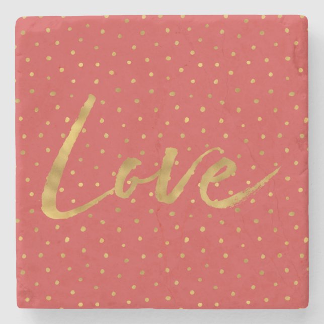 Porta-copo De Pedra Chic Gold Red Dots Love (Frente)