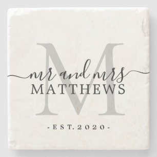 Porta-copo De Pedra Chic Prata Monograma Script Nome Data de Casamento