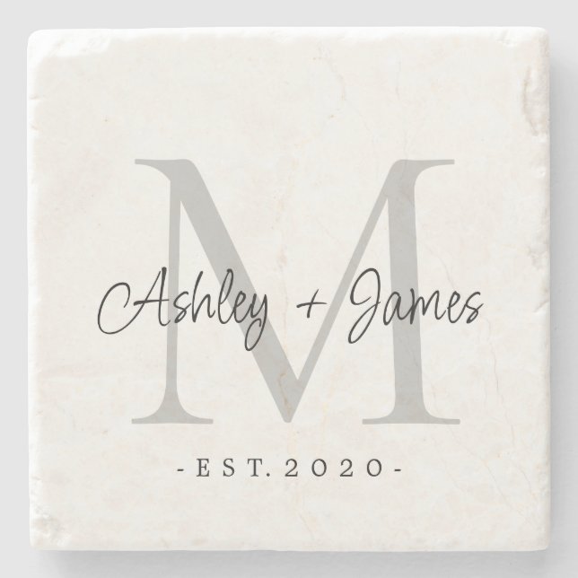 Porta-copo De Pedra Chic Silver Monograma Nomes Data de Casamento Scri (Frente)