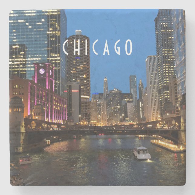 Porta-copo De Pedra Chicago River na Noite (Frente)