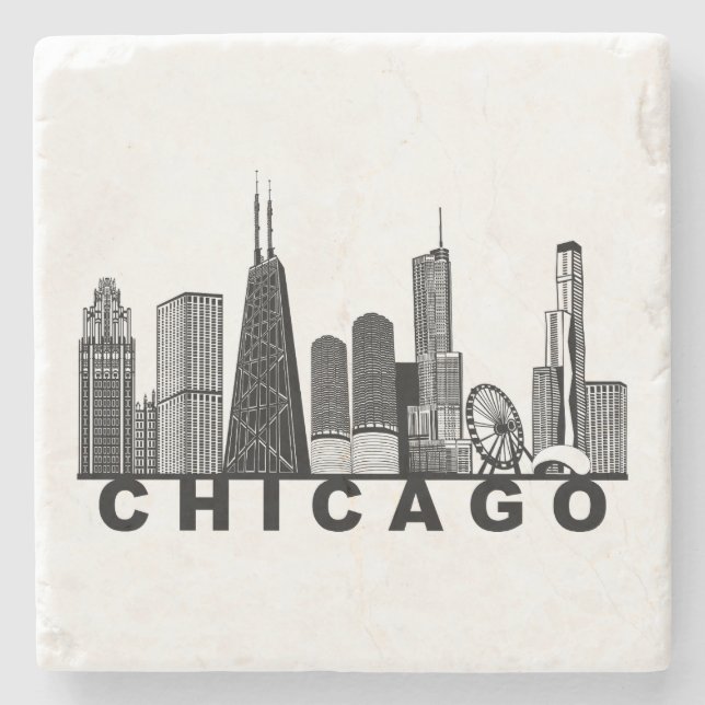 Porta-copo De Pedra Chicago Skyline Silhouette  (Frente)