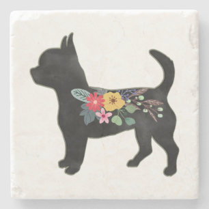 Porta-copo De Pedra Chihuahua Dog Breed Boho Silhouette Floral Stone C