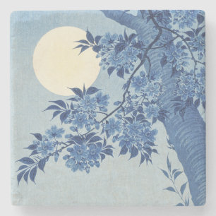 Porta-copo De Pedra Chinoiserie Azul-Marinho Flor de Cerejeira & Lua C