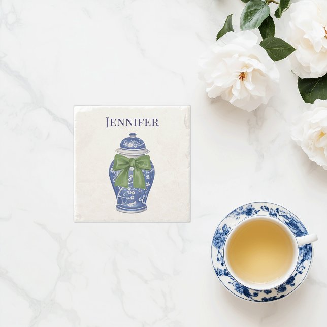 Porta-copo De Pedra Chinoiserie jar azul e branca (Personalized blue ginger jar bow stone coaster custom name)