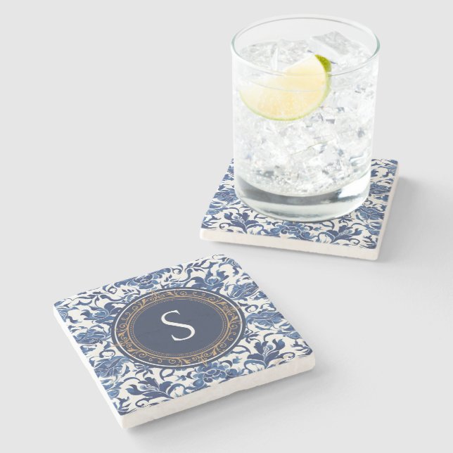 Porta-copo De Pedra Chinoiserie Toile Francesa Azul e Branca (Lateral)