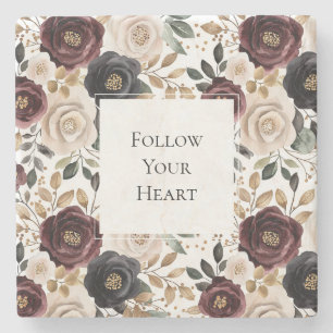 Porta-copo De Pedra Chique Floral Creme Burgundy  