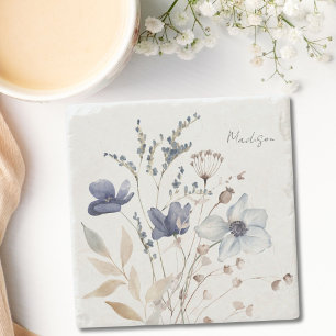 Porta-copo De Pedra Chique Monogramado Floral Azul Aquarela Bonito