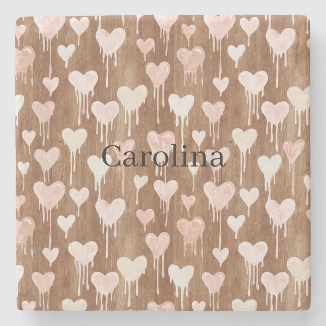 Porta-copo De Pedra Chocolate Pink Cream Hearts Love Valentine's Day (Frente)