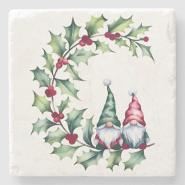 Porta-copo De Pedra Christmas Watercolor Gnomes Sitting On Holly Twig
