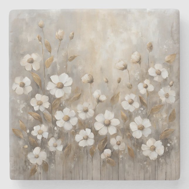 Porta-copo De Pedra Cinza Neutra Dourada Taupe Floral (Frente)