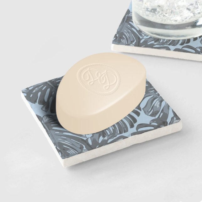 Porta-copo De Pedra Cinzas Tropicais Folhas de Selva Azul (Mockup as a soap dish)