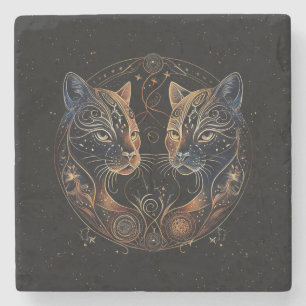 Porta-copo De Pedra Círculo Felino Artístico Gatos Gêmeos