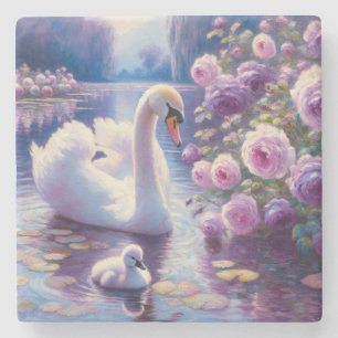 Porta-copo De Pedra Cisne branco e Cygnet com Rosas roxos
