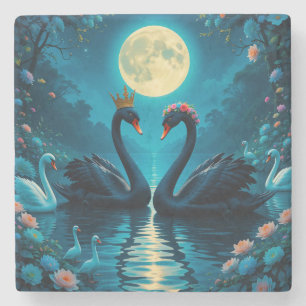 Porta-copo De Pedra Cisnes Negros Elegantes Sob Lua Cheia