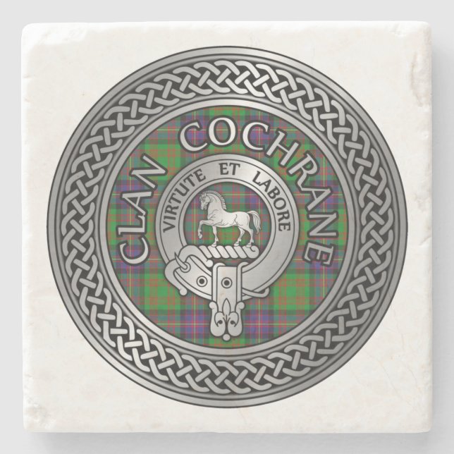Porta-copo De Pedra Clan Cochrane Crest & Tartan Knot (Frente)