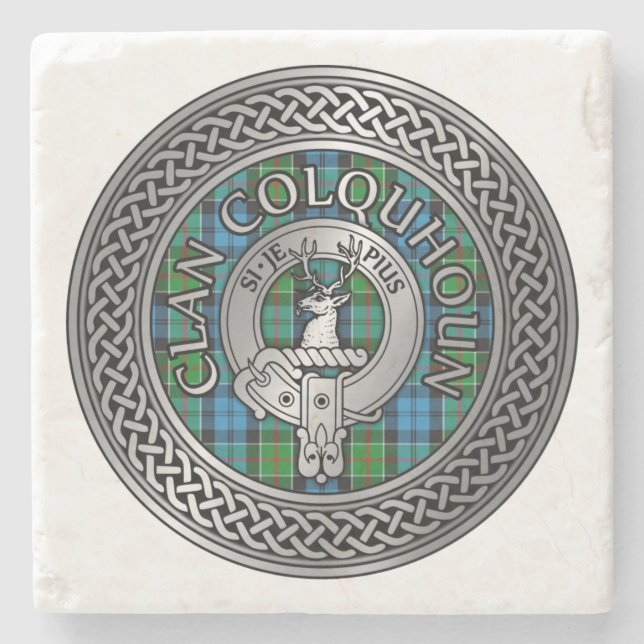 Porta-copo De Pedra Clan Colquhoun Crest & Tartan Knot (Frente)