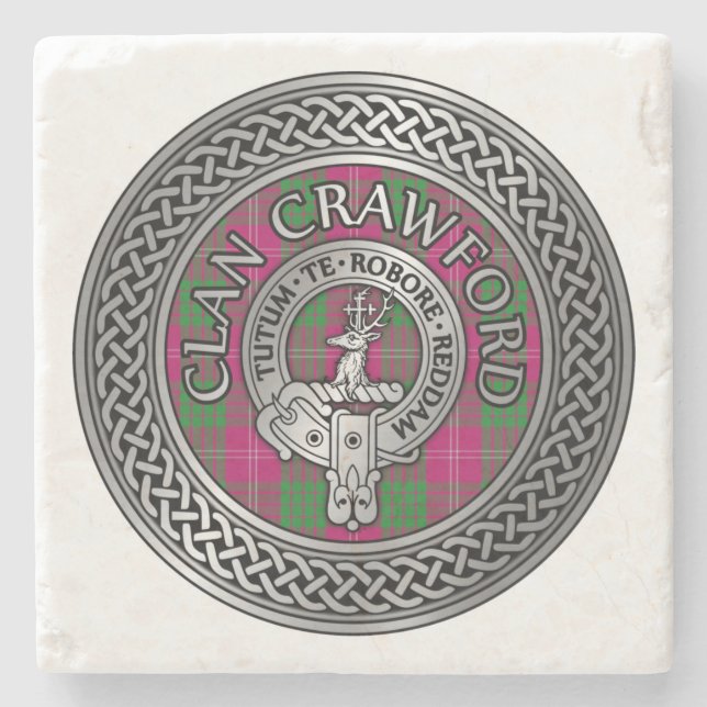 Porta-copo De Pedra Clan Crawford Crest & Tartan Knot (Frente)