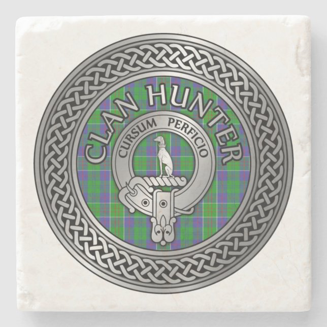 Porta-copo De Pedra Clan Hunter Crest & Tartan Knot (Frente)