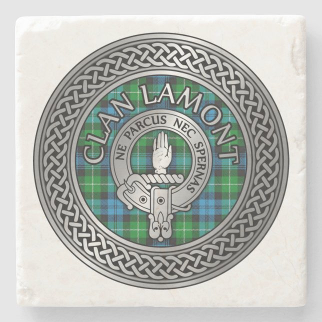 Porta-copo De Pedra Clan Lamont Crest & Tartan Knot (Frente)