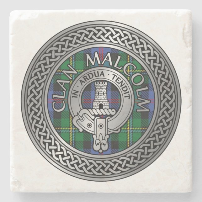 Porta-copo De Pedra Clan Malcolm Crest & Tartan Knot (Frente)