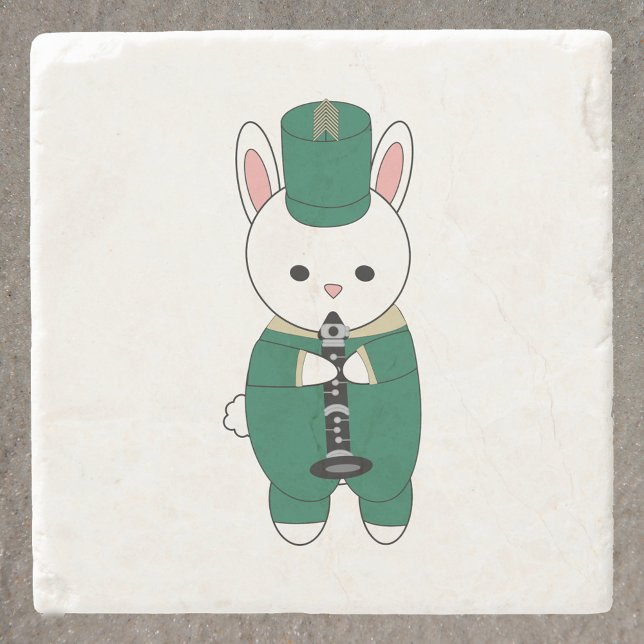 Porta-copo De Pedra Clarinet Rabbit Marching Band Green Gold (A coaster with a white rabbit playing the clarinet in green and gold.)