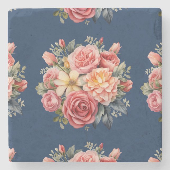 Porta-copo De Pedra Classic Pink Roses Floral on a Blue Background (Frente)