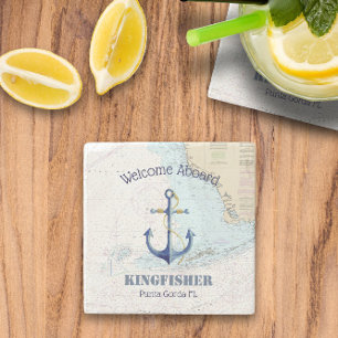 Porta-copo De Pedra 🌊 Coastal Flórida Nome Boat Bem-vindo a Bordo