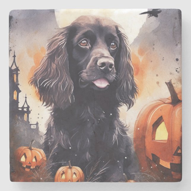 Porta-copo De Pedra Cocker Spaniel de Halloween com Abóboras (Frente)