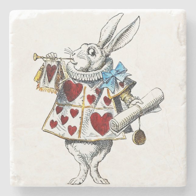Porta-copo De Pedra Coelho Branco Alice Wonderland Hearts (Frente)