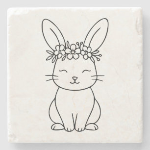Porta-copo De Pedra Coelho Caprichoso com Coroa Floral em Arte de Linh