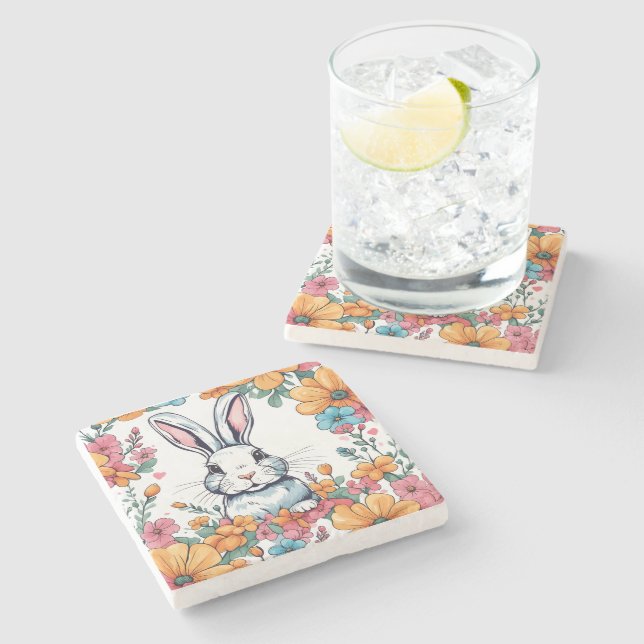Porta-copo De Pedra Coelho rodeado de flores (Lateral)