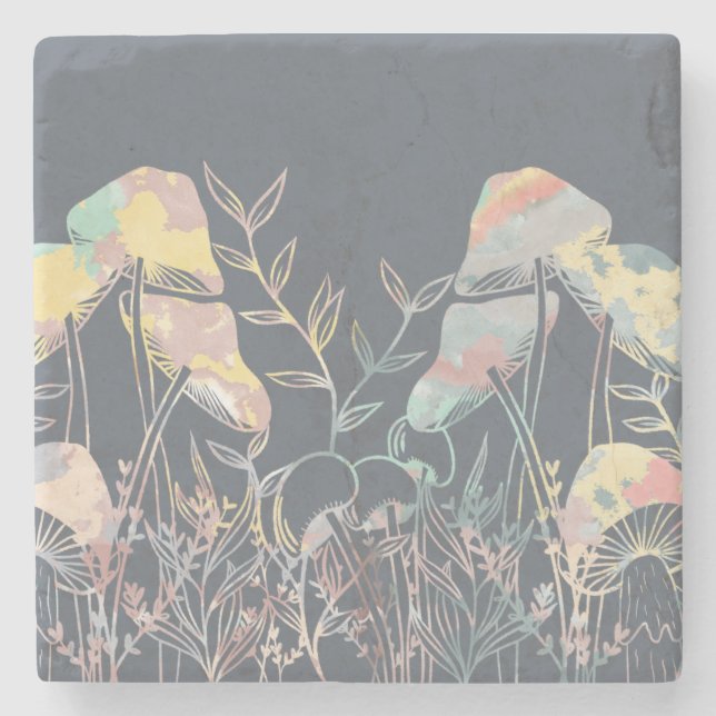 Porta-copo De Pedra Cogumelos Aquarela (Frente)