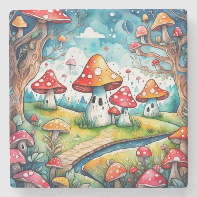 Porta-copo De Pedra Cogumelos brancos folhas design (Frente)