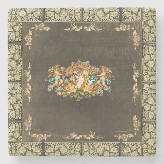 Porta-copo De Pedra Colagem da safra Retro com rendas e flores (Frente)