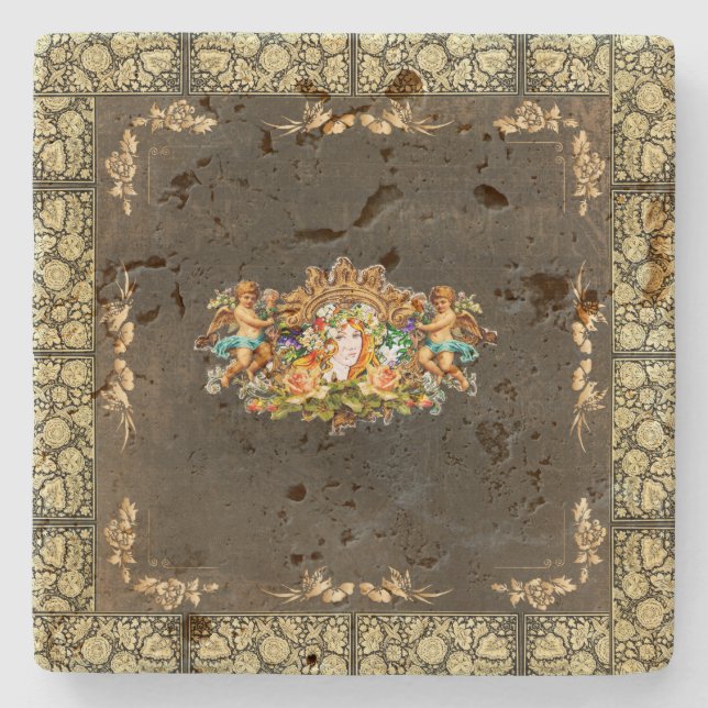 Porta-copo De Pedra Colagem da safra Retro com rendas e flores (Frente)