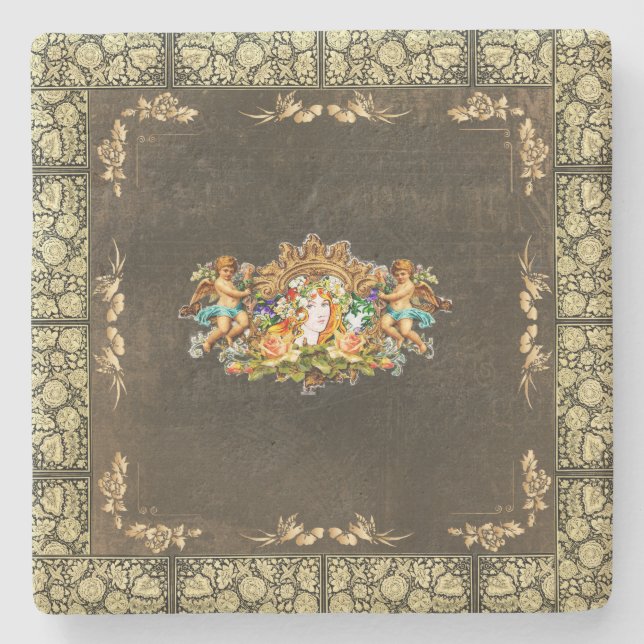 Porta-copo De Pedra Colagem da safra Retro com rendas e flores (Frente)